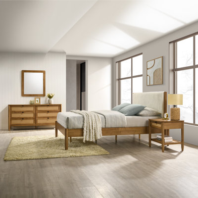 Chylie 4-Piece Rubberwood Bedroom Set with Corduroy Upholstered Queen Bed, Dresser, Mirror, and Nightstand