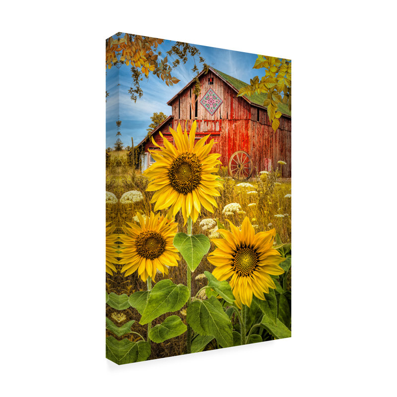 «Golden Sunflowers Red Barn» par Celebrate Life Gallery - peinture sur toile tendue, H 47 po x l 30 po