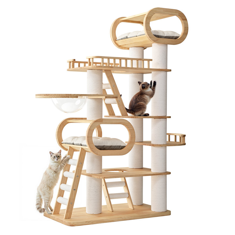 76" Modern Wood Cat Tree For Multi-Cat Homes, Sturdy Cat Tower With Scratching Posts & Platforms