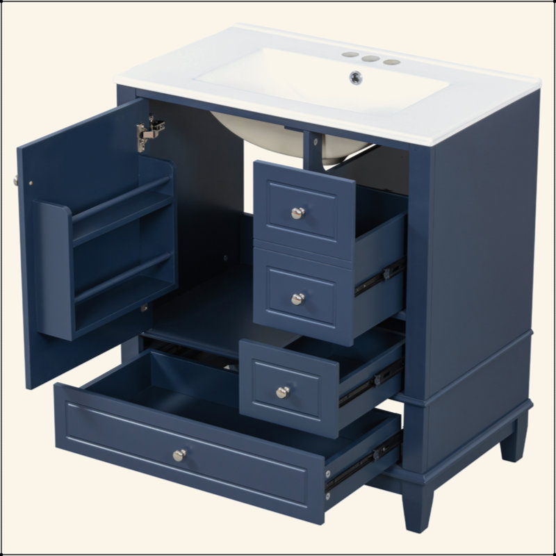 Meuble-lavabo 30 po avec lavabo, une porte avec tablette et trois tiroirs, porte à fermeture en douceur, Bleu