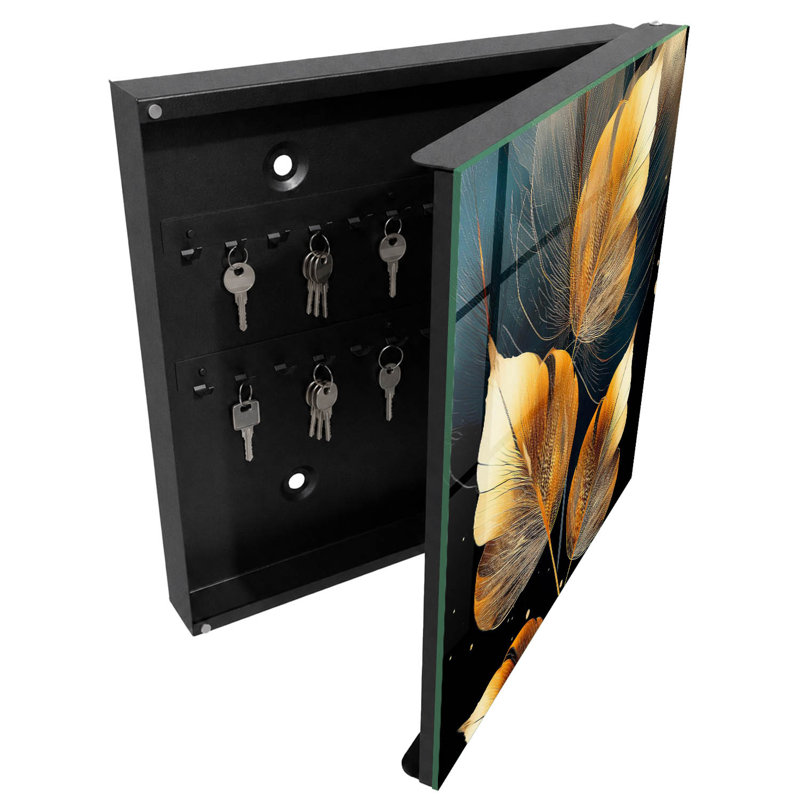 Key box, Opens to the left, 30x30x5, White, Leaves on a dark background, sophisticated and elegant, 