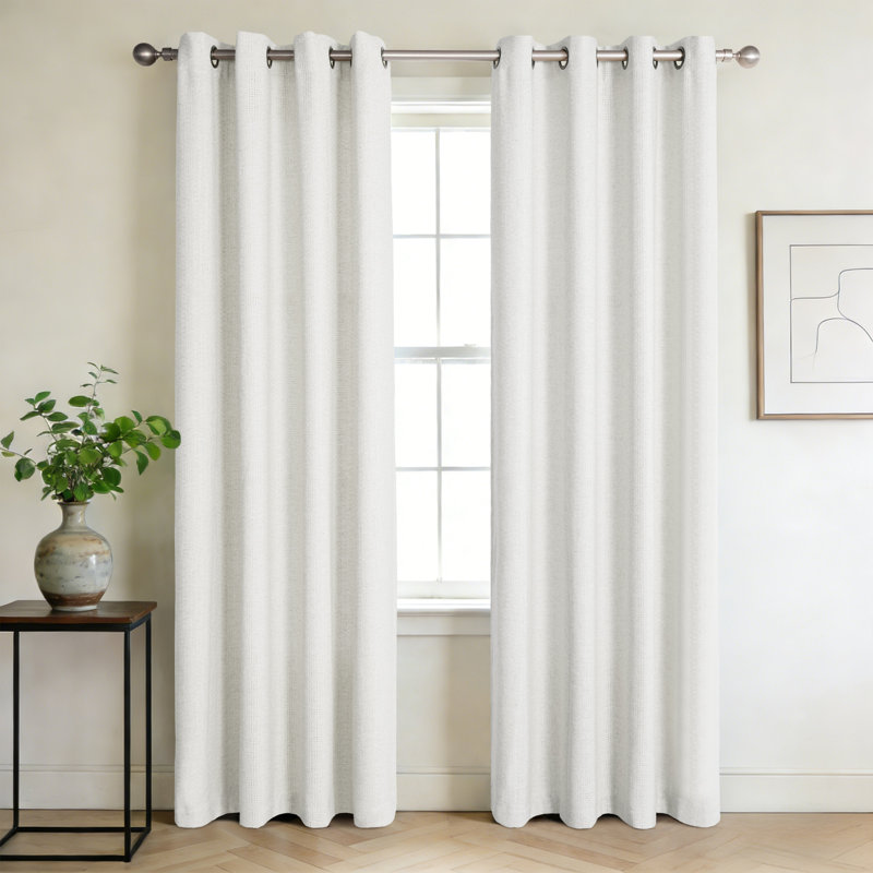 Linen Cotton Blend Geometric Grommets Light Filtering Curtain Pair, Ivory, 52" W x 96" L