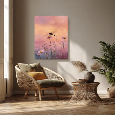 «Dragonfly on Daisy Wildflowers Pastel Sunset» - Art mural sur toile tendue - Décoration de salon, de chambre à coucher ou de bureau