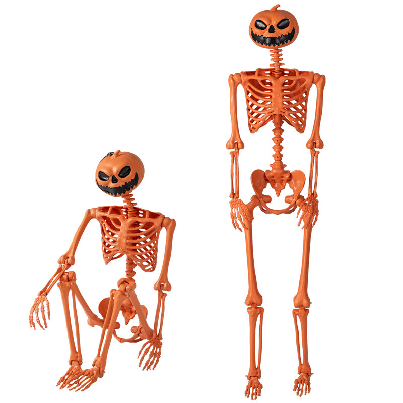  Décoration de squelette d'Halloween 5,2 pi avec tête de citrouille et 7 articulations mobiles orange