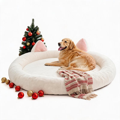 70" Extra Large Round Dog Bed with Cute Ears, Giant Calming Pet Bed, giant round lounge space, 9.8" orthopedic bolster support, scratch-resistant fleece cover, and non-slip bottom.