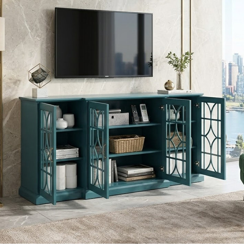 Meuble télé de style rétro pour téléviseur de 65 po ou moins avec tablettes réglables et portes d'armoire en verre Mecos, base en bois pour le salon