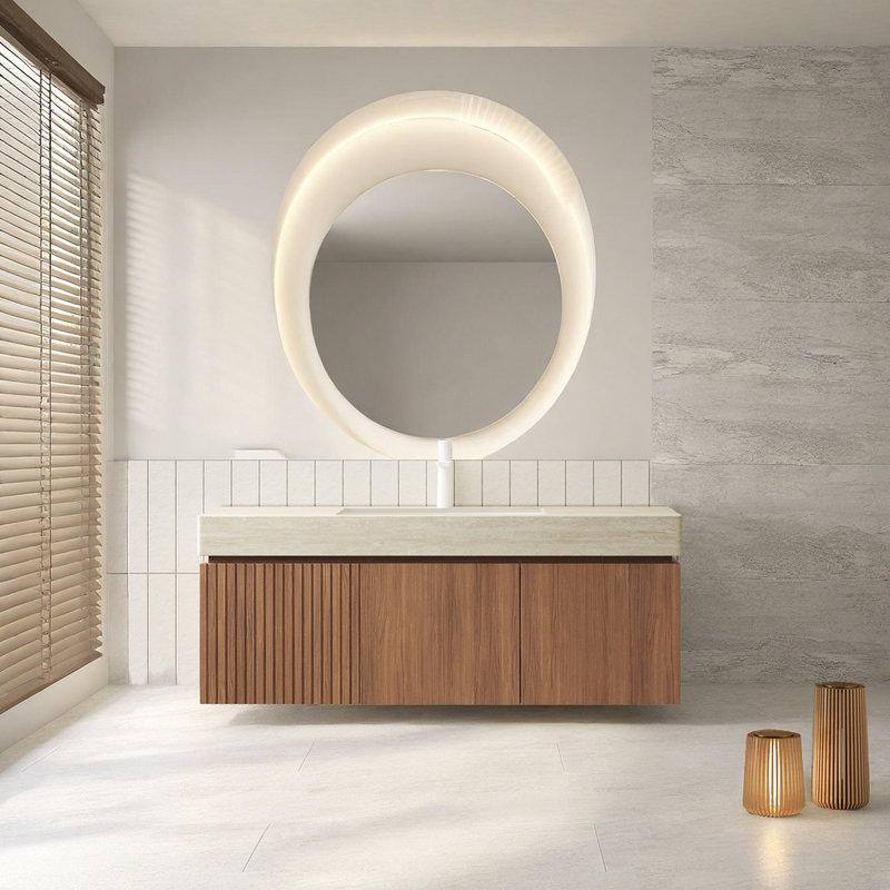Meuble-lavabo 48 po avec lavabo - Pierre frittée en travertin Roma - Bassin en céramique encastré - Rangement à fermeture en douceur - Capacité de 300 lb?