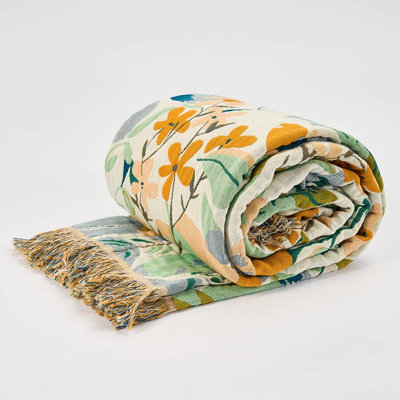 Reversible Floral Cotton Throw Blanket, Twin Size Botanical Tassel Decorative Blanket for Couch, Bed, Living Room