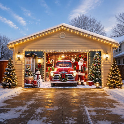 Bannière de porte de garage de Noël de 4,88 m x 2,13 m, camion rouge vintage, décor extérieur pour garage double