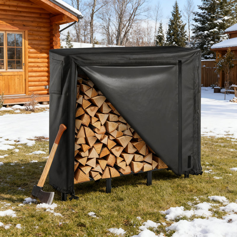 Support à bois de chauffage robuste avec couvercle imperméable, support à bûches d'extérieur de 4 pi, support de rangement en bois métallique d'une capacité de 1/4 de cordon avec cadre en acier thermolaqué et enceinte complète