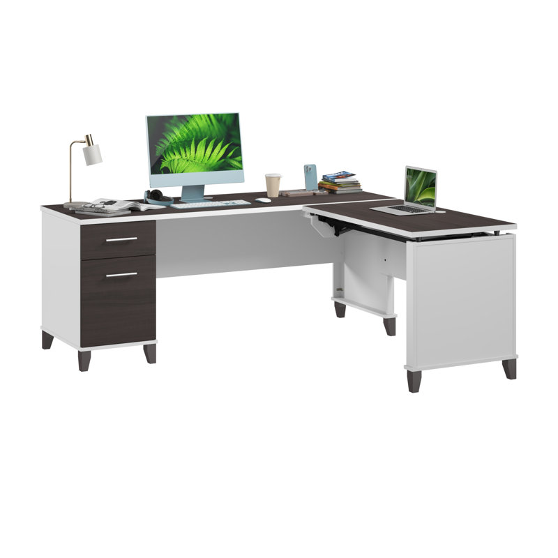 72W 3 Position Sit to Stand L Shaped Desk in White and Storm Gray, Storm Gray/White