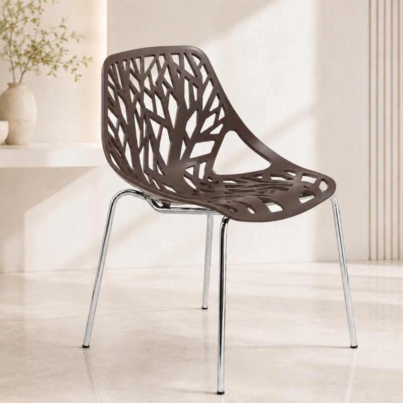 Asbury Stackable Dining Chair with Floral Cutout Back and Stainless Steel Legs – Modern Metal Side Chair for Kitchen, Dining Room, or Restaurant