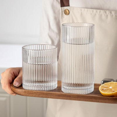 Set of 8 Ribbed Highball Glasses 10oz & 12oz Vertical Textured Drinkware for Home Bar Kitchen Entertaining