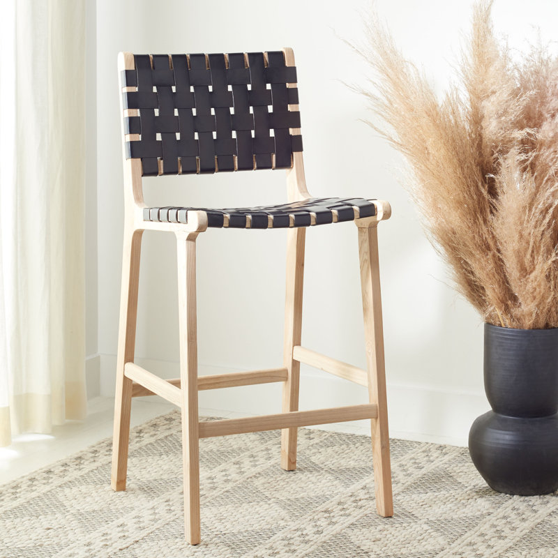 Tabouret Alston, Cuir noir / cadre naturel sans finition, Tabouret de comptoir (siège d'une hauteur de 27,1