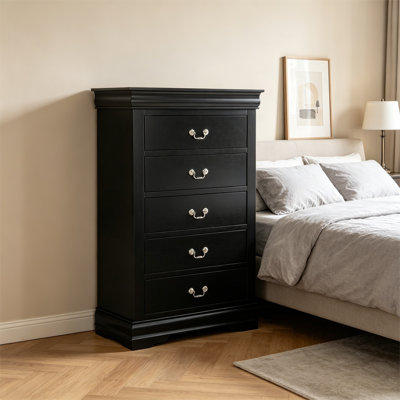 1Pc Black Finish Five Drawers Louis Philip Chest Solid Wood Contemporary Sleek Ample Storage