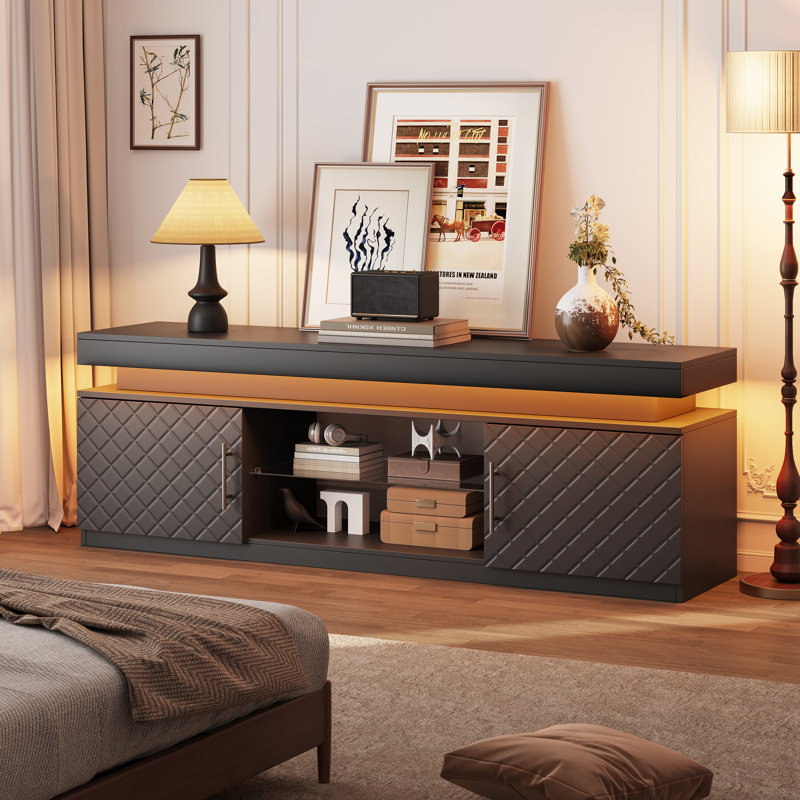 Meuble télé 59 po avec lumière DEL RVB et station de charge, console multimédia pour téléviseur de 65 po ou moins, Noir