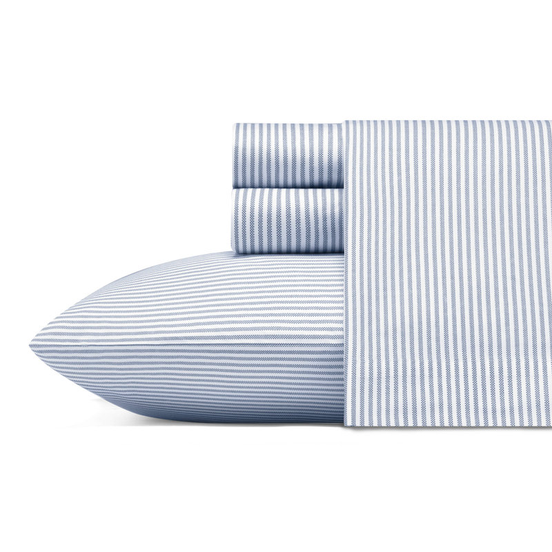 Ensemble de draps en coton percale Poppy & Fritz, Ensemble de draps pour taille de lit double et deu, Rayures bleues Oxford