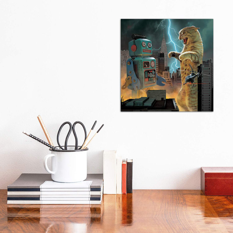 " Catzilla Vs Robot " by Vincent Hie, 12" H x 12" W x 1.5" D, Wrapped Canvas