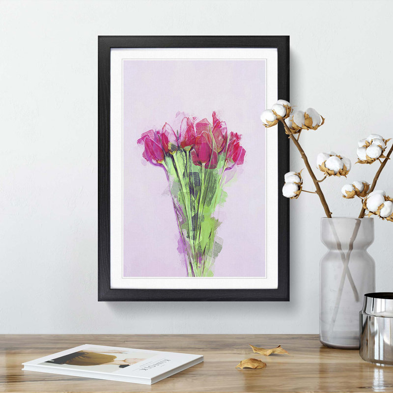 A Bunch of Pink Tulips in Abstract - Picture Frame Graphic Art Print on MDF, 36cm H x 27cm W x 2cm D, Black Framed