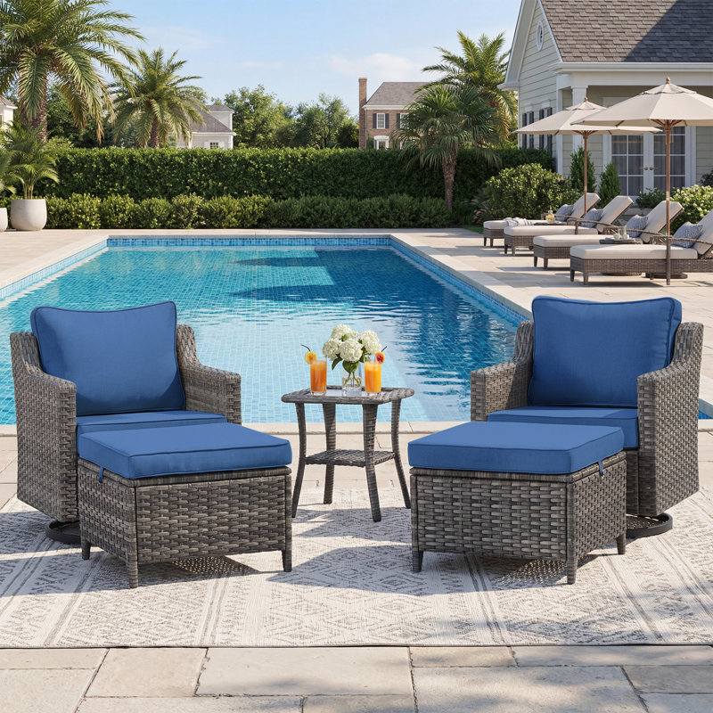 Chaises berçantes pivotantes d'extérieur en osier avec repose-pieds et table d'appoint 5 pièces Arlene, Bleu