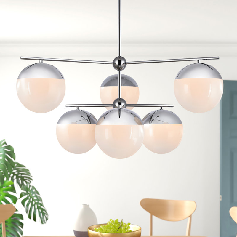 Lustre unique à niveaux 6 lumières Yearby, Chrome, Blanc givré