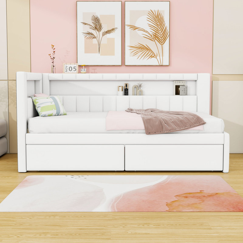 Twin-Size Upholstered Daybed with USB Charging Ports and LED Lights, Dual Drawers, White