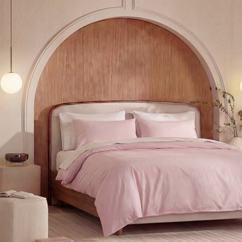 100% Washed Cotton Comforter Set King Size – Pink, Linen-Like Texture, Soft & Breathable Bedding Set, 3-Piece Durable Percale Comforter