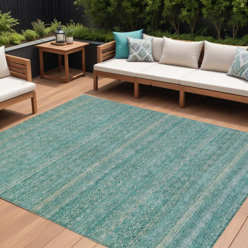 Tapis extérieur lavable rayé bleu sarcelle et beige 10 pi x 14 pi