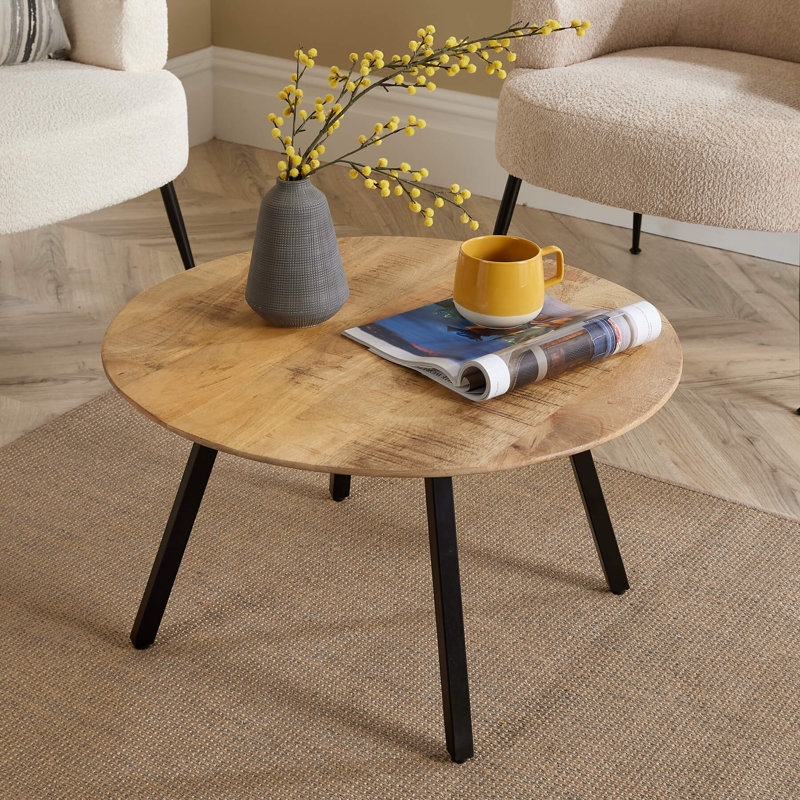 Agota Round Solid Mango Wood Coffee Table, Natural Wood