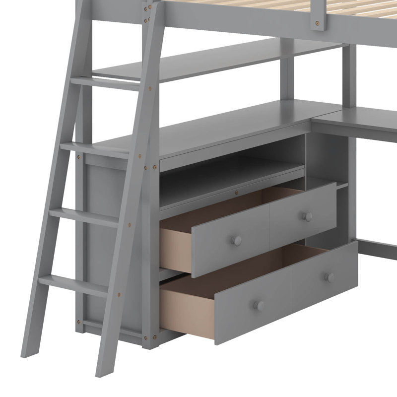 Lit mezzanine double avec bureau et tablettes, Gris