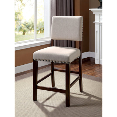 Chaises de salle à manger à hauteur de comptoir de style industriel, de 2, revêtues de tissu avec coussin en lin rembourré et garniture cloutée, en bois massif brun cerise pour 2