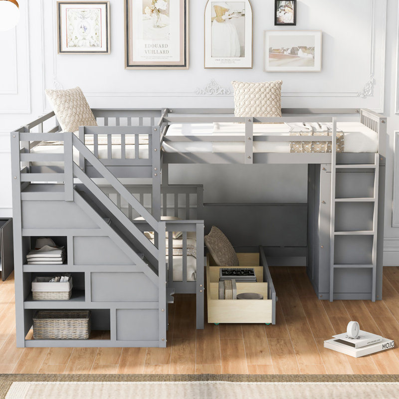 Twin-Twin Over Full L-Shaped Bunk Bed With 3 Drawers, Portable Desk And Wardrobe, Gray(OLD SKU:LT100542AAE), Gray