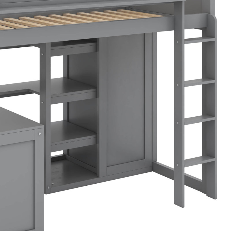 Lit mezzanine simple avec tablettes et garde-robe, Gris