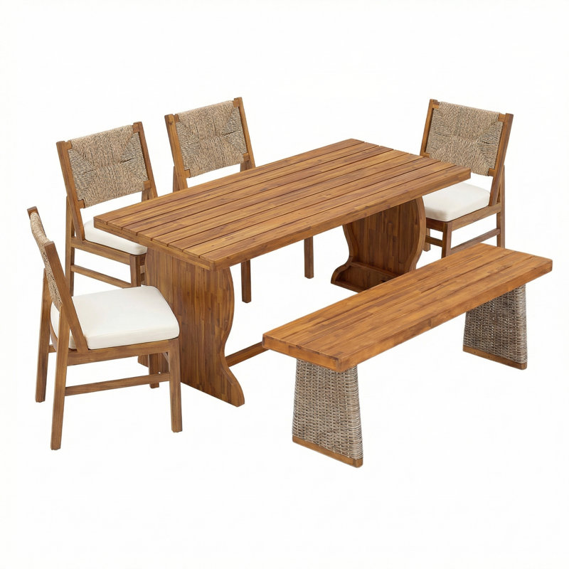 Burkhalter Patio 6-Piece Acacia Wood Dining Set With Woven Wicker & Cushions