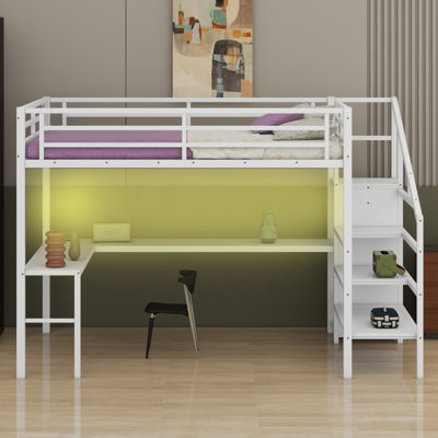 Metal Loft Bed With L-Shaped Desk And USB, Wardrobe And  Shelf, High Loft Bed With LED For Kids Teens Adults
