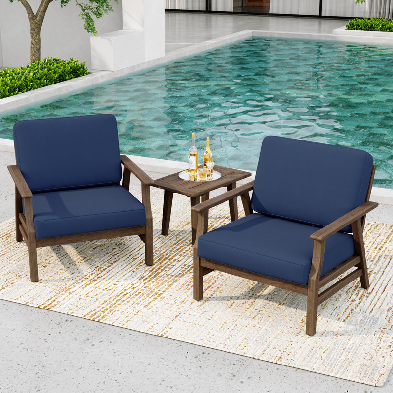 Shweta Solid Wood Outdoor Three Pieces Chair Conversation Seating Group With Cushions And Side Table, Brown, Navy