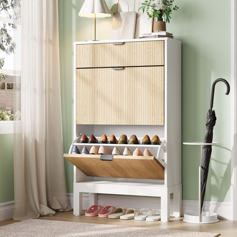 Shoe Storage Cabinet with 2 Flip Drawers, Farmhouse Fluted Shoe Organizer with Metal Legs, White/Oak