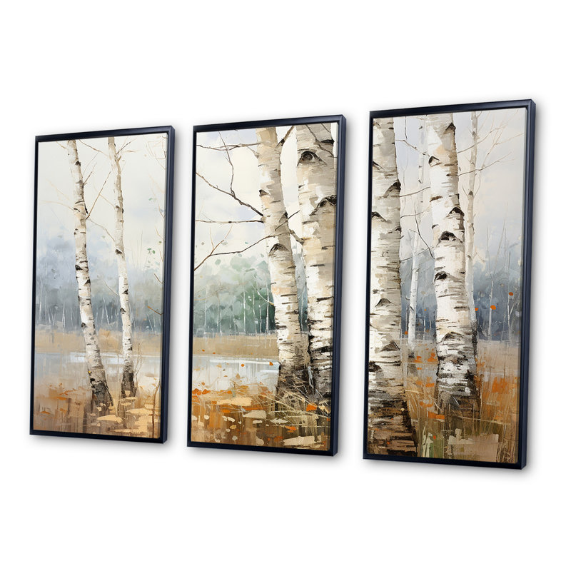 Minimalisme Tree Birchs Breath - ensemble de salon d'art mural en bouleau, Cadre flottant noir, H 32 po x l 48 po x P 1 po