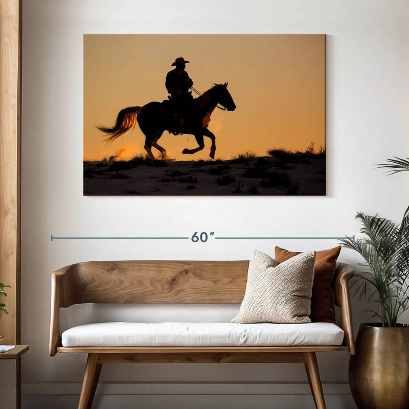 Lelar, cowboy à cheval, H 32 po x l 48 po