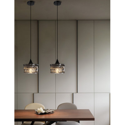 Smoked Gray Textured Glass Pendant Light With Silver Shimmer, Modern Adjustable Water Ripple Hanging Lamp For Dining Room Kitchen Island