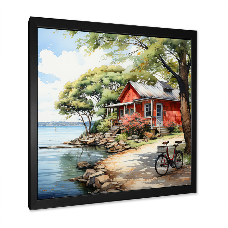 «Lakehouse Nostalgic Charm Pointillism II», reproduction, H 16 po x l 16 po x P 1 po, Cadre photo noir