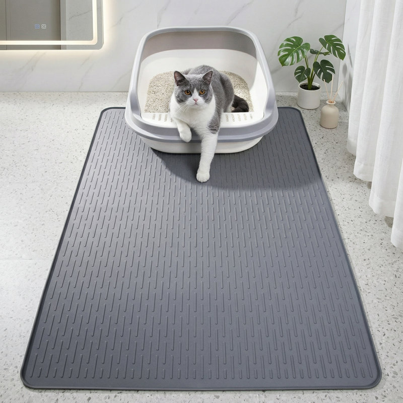 Tapis de litière en silicone pour chat 28 po x 20 po, imperméable, rebords surélevés pour bac à litière ou alimentation, conception à nettoyage rapide, gris
