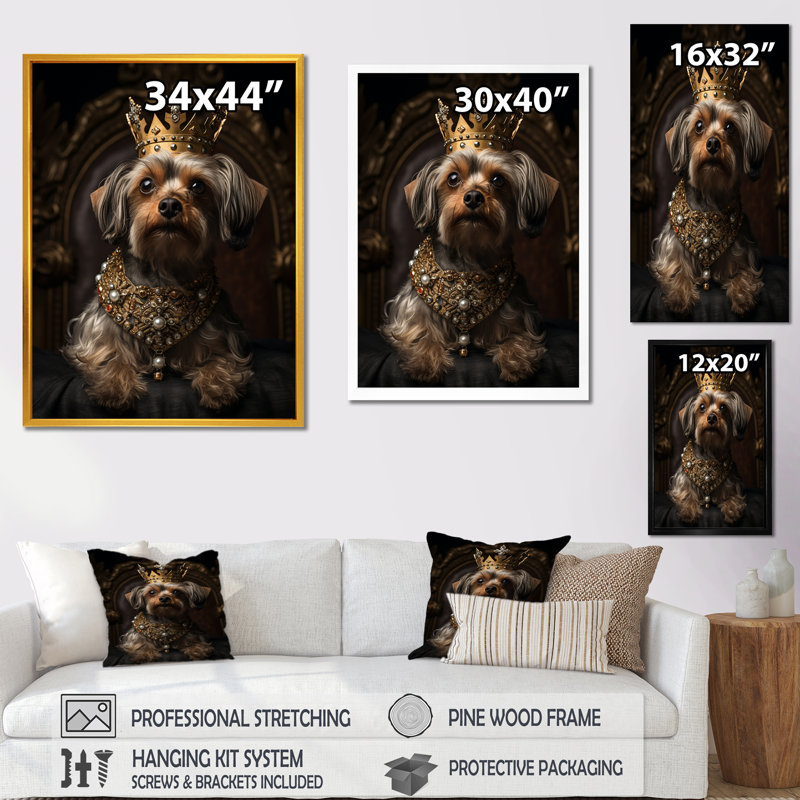«Crowned Royal Yorkshire Dog King» - art mural chien, Cadre flottant doré, H 44 po x l 34 po x P 1,5 po