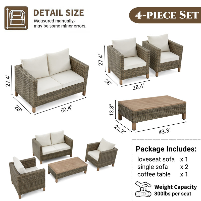 Ensemble de conversation d'extérieur pour 4 personnes avec coussins Wilek, Beige