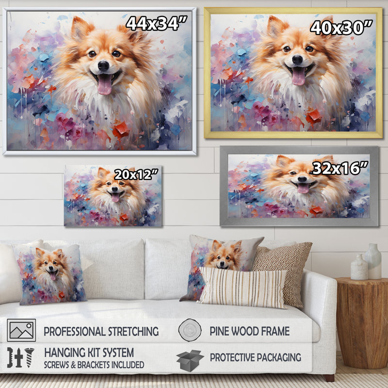 Poméranien Poise sur toile, H 16 po x l 32 po x P 1 po, Cadre flottant blanc