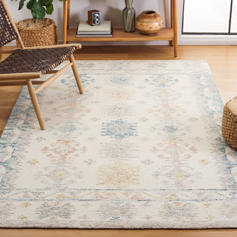 Tapis ivoire / bleu en laine / coton touffeté à la main Kratzer, Rectangle 8 pi x 10 pi