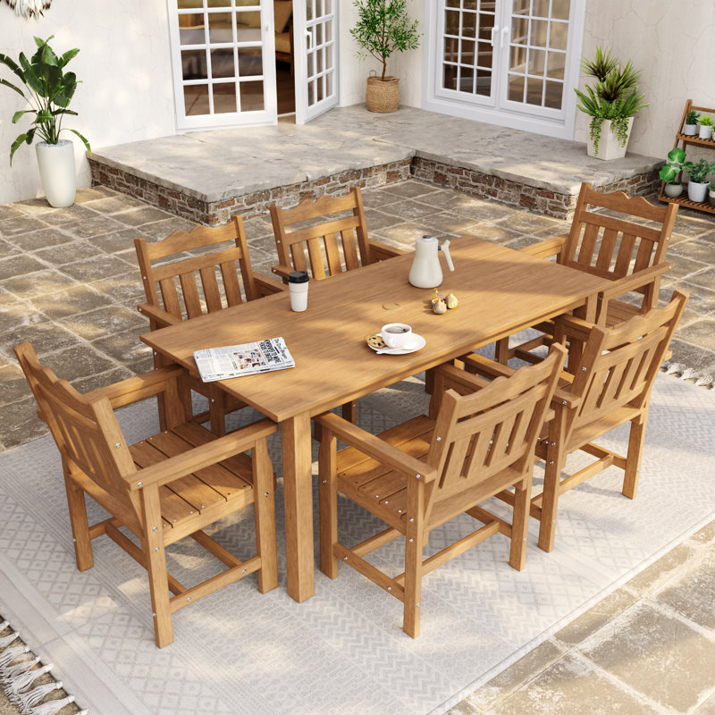  7 PCS Outdoor Dining Set with Umbrella Hole, HIPS All Weather Patio Table and 6 Chairs, Ergonomic Seats for Patio, Yard, Poolside