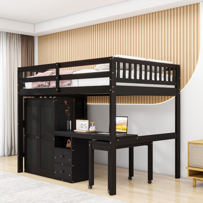 Lit mezzanine 2 tiroirs avec escalier de rangement, bureau, tablettes et garde-robe