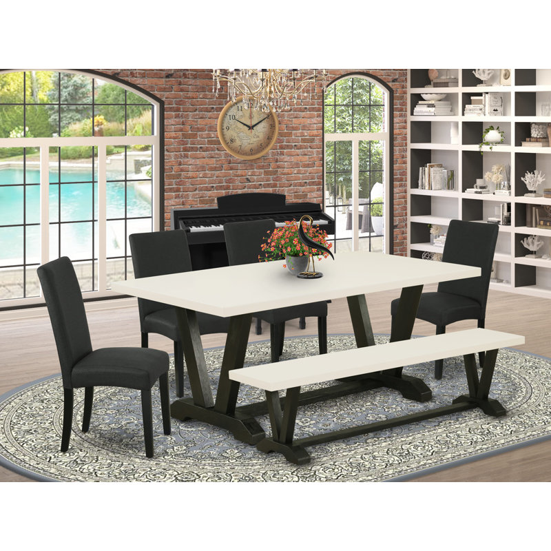 L'ensemble de table de cuisine 6 pièces comprend une table de salle à manger en lin blanc cassé, un banc en bois et 4 chaises de salle à manger en tissu de lin noir avec dossier haut - finition noire brossée