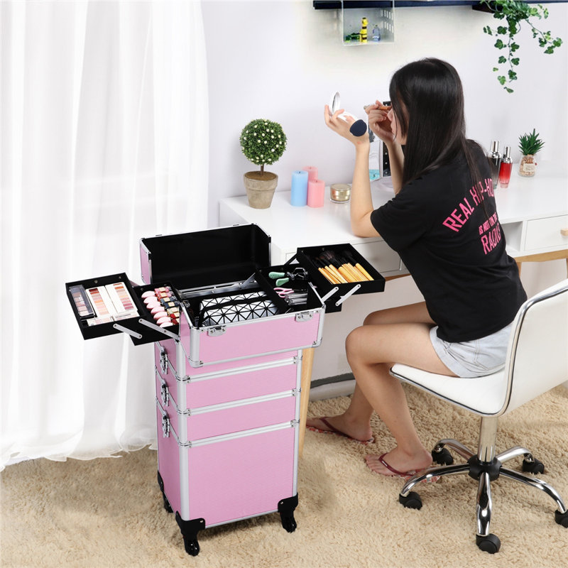 Makeup Train Case Rolling Cosmetology Case on Wheels Travel Case Organizer, Pink
